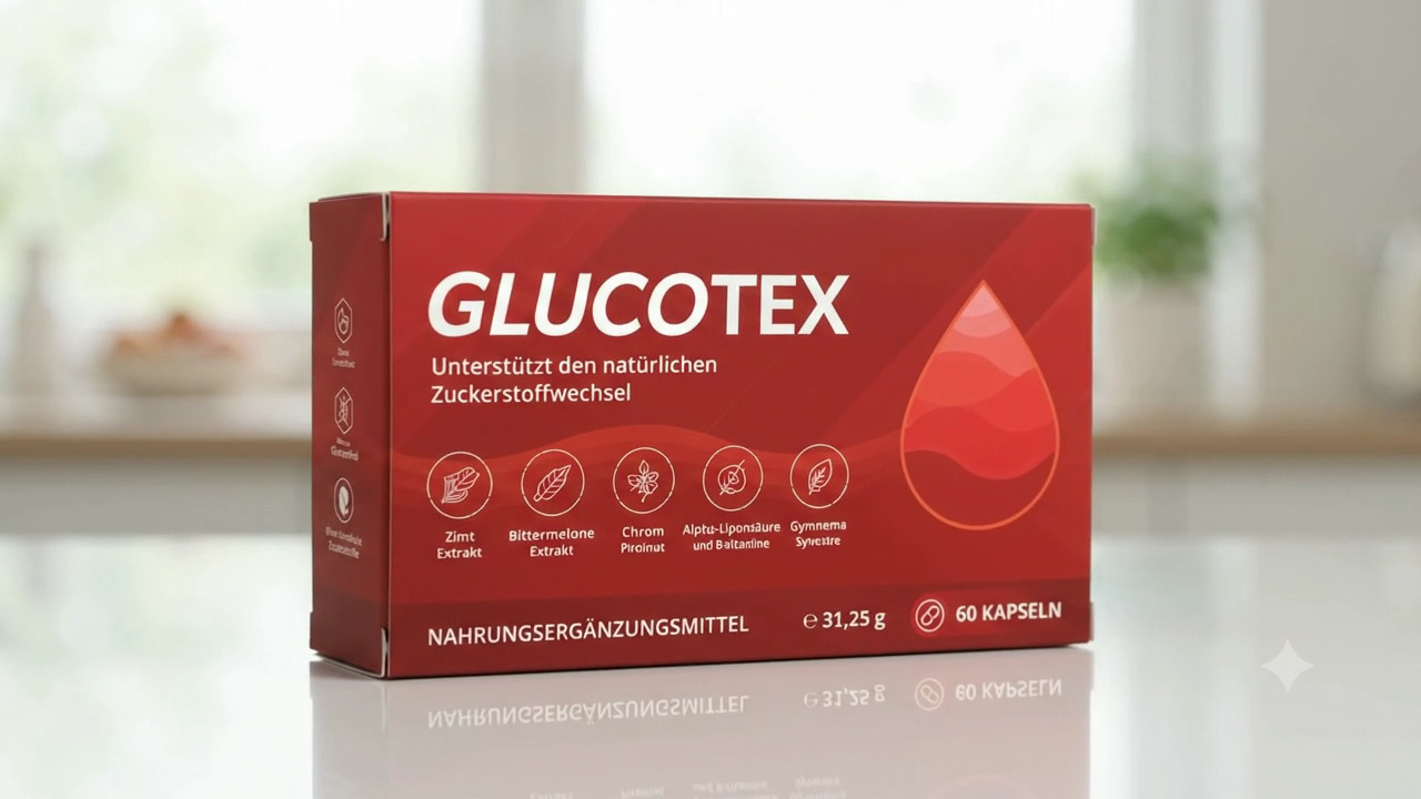 Glucotex Packung mit 60 Kapseln auf einer hellen Küchenarbeitsplatte